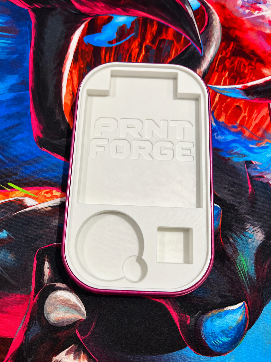 The white Time for Trouble! and Make it Double! insert in a Mini Tin, empty, showing the PRNT FORGE lettering in the main tray, a round recess with a finger notch and a square slot below.